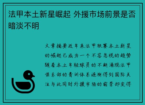 法甲本土新星崛起 外援市场前景是否暗淡不明